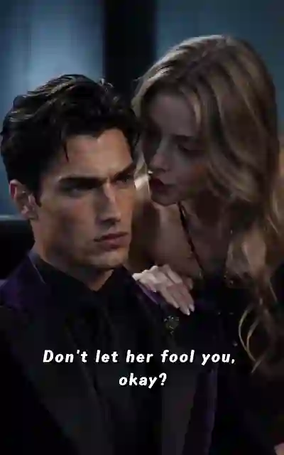 Chloe leaning to whisper beside the other man