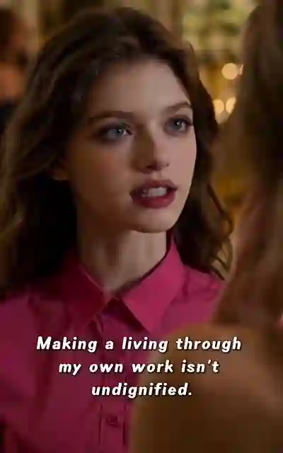 Theodosia in her pink work shirt answering the taunt