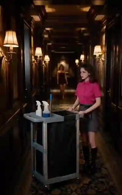 Theodosia pushing her cleaning cart down the hall