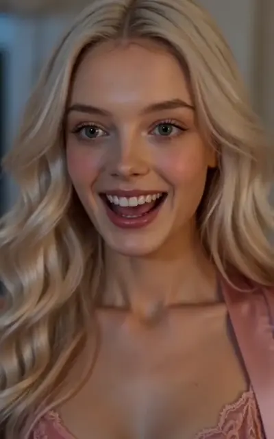 Chloe's sweet smile in the pink lace top