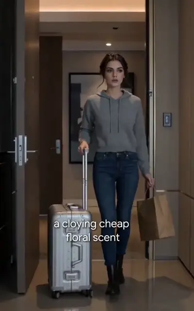 A woman walks through a doorway pulling a suitcase