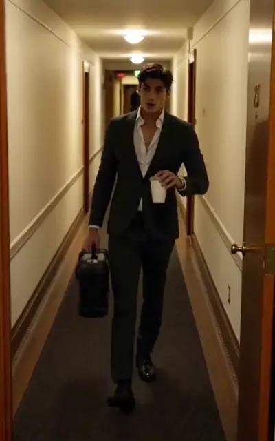 A man walks down a wood-paneled hallway with a bag