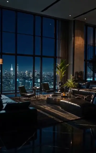A wet neon city street at night outside the penthouse