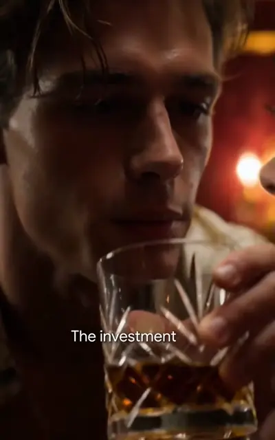 A man holds a crystal whisky glass in a dark bar