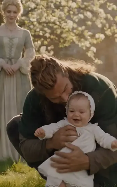 Mars crouching to hold his baby in the grass