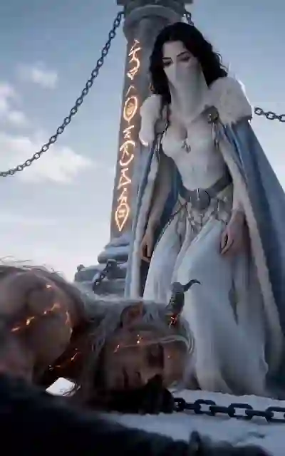 Jodi standing over the chained lord in the temple