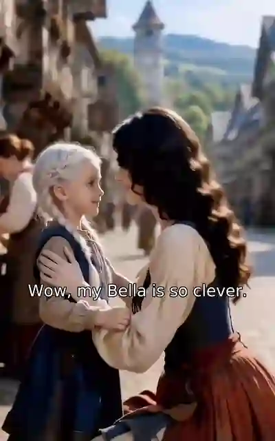 Jodi kneeling to embrace Bella in the town square