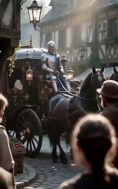 An armored carriage rolls through the old town street