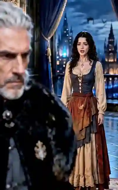 Jodi in her old layered dress before the blue castle