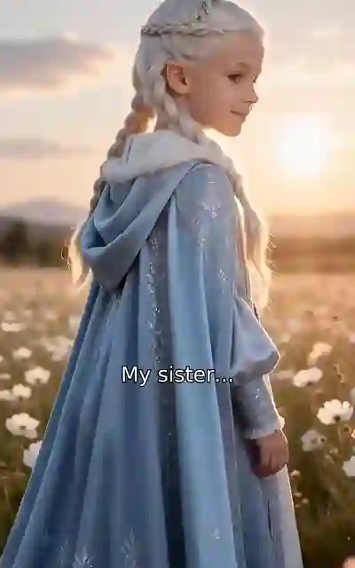 Bella in a blue cloak standing in a sunlit field