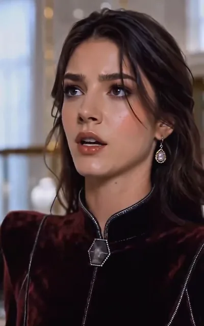Mia in a burgundy velvet dress standing in the jewelry store