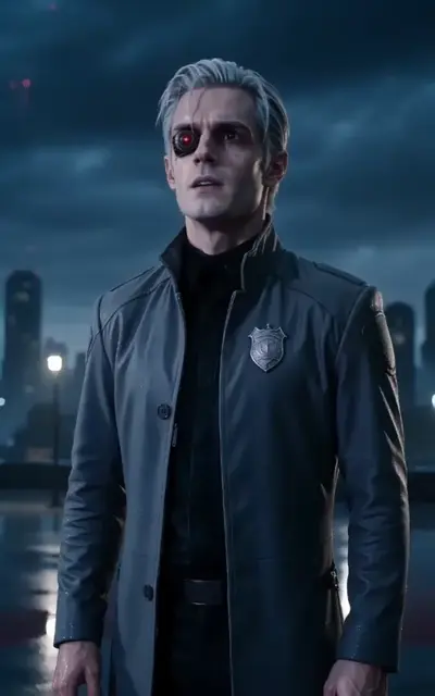 Dante standing under the neon city skyline