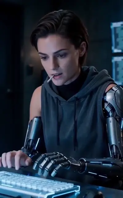 Nyx working at a glowing terminal with her mechanical arm