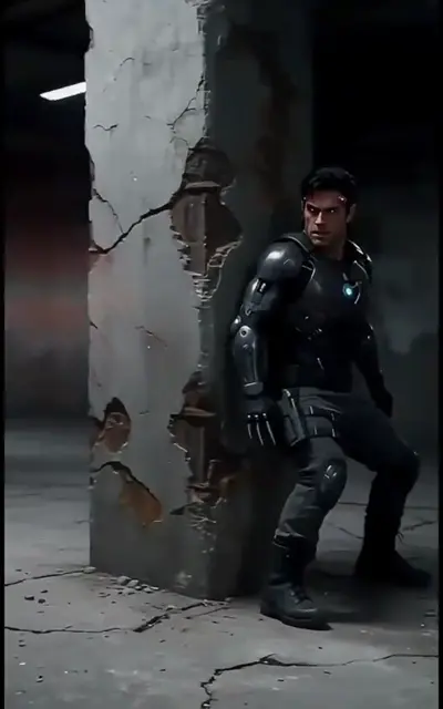 Armored Raze crouching in the ruined corridor