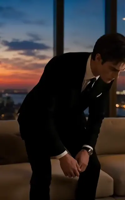 Julian in a beige jacket stands in a lit room