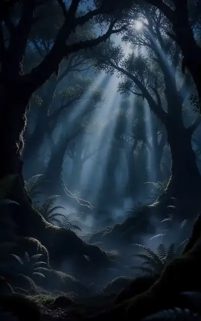 Rays of light cutting through the dark Spirit Valley forest
