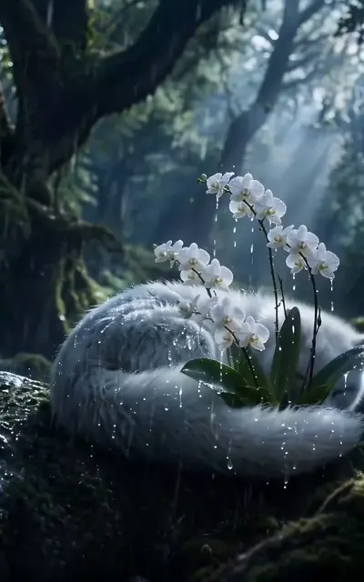 The silver fox curled around the white orchid in the woods
