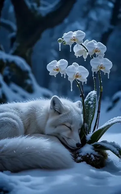 The sleeping white fox beside the frosted orchid