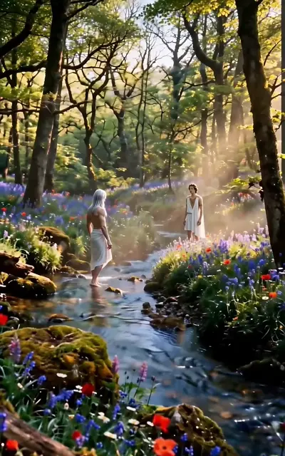 The two figures face each other across the flowered stream
