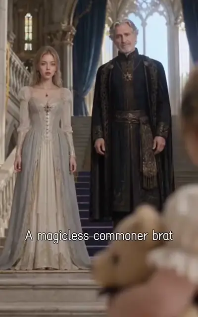 The mother and grey-haired duke stand on the palace stairs