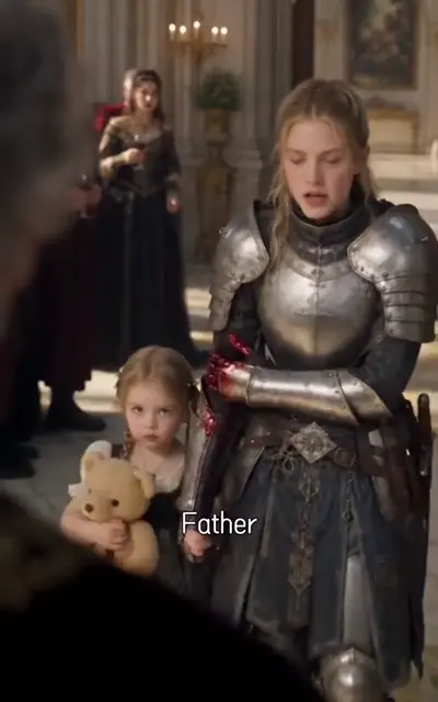 Aria with her teddy behind the armored mother