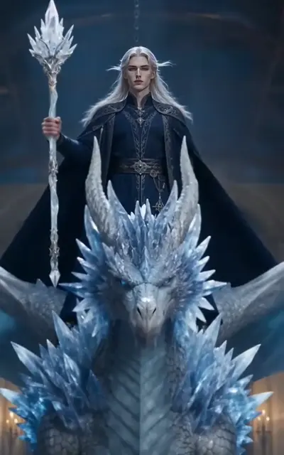The white-haired archmage standing beside the frost dragon