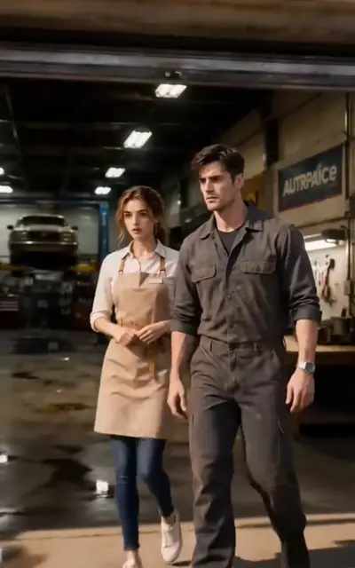 Lina and Kane walking the small-town street outside the shop