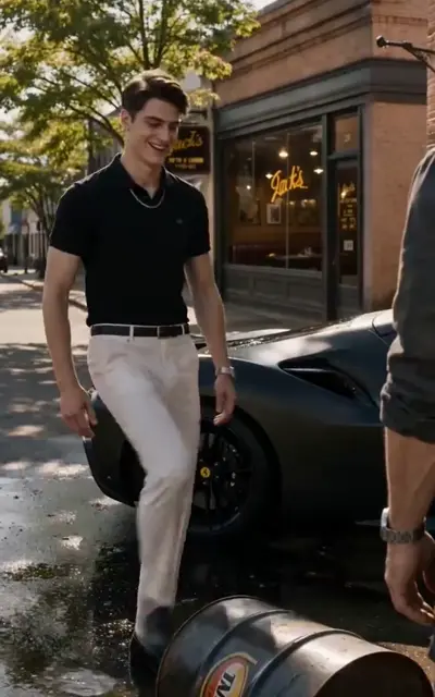 Kane in a black polo resting a boot on the oil can by a sports car
