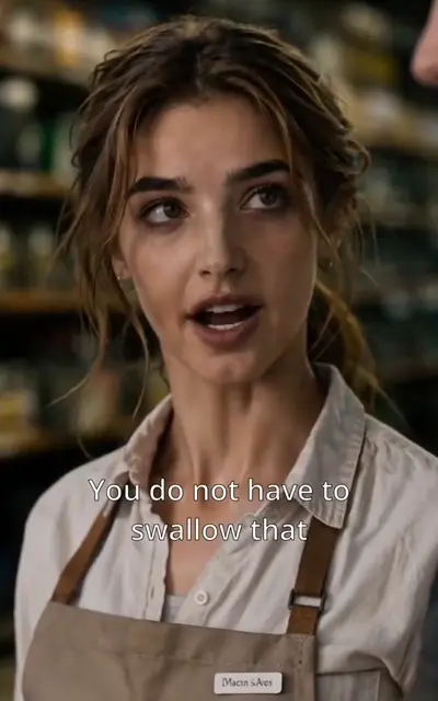 Lina in her apron, telling him not to swallow it