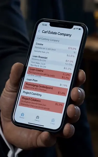 A phone screen listing the Carl Estate loan files