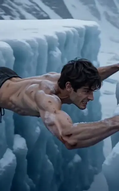 Kael climbing the sheer ice wall