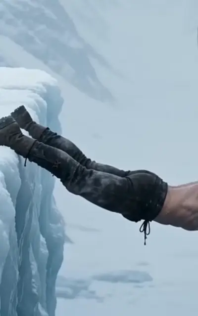 Kael dangling over the collapsing cliff