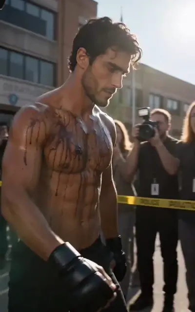 Bloodied Dom standing beyond the police tape