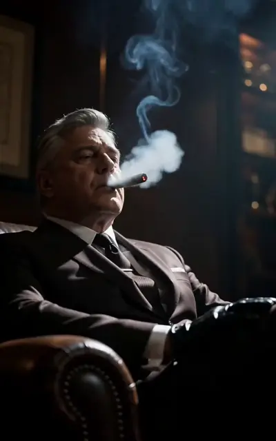 Marcus smoking in the leather armchair