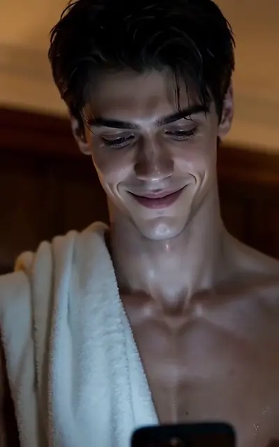 A wet-haired boy in a towel smiles