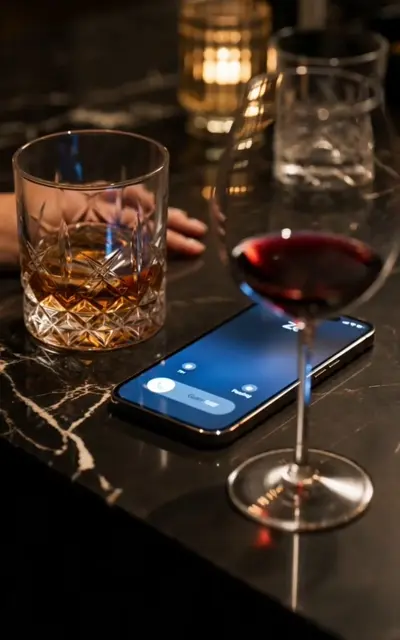 Bar table with a phone, wine and an empty glass