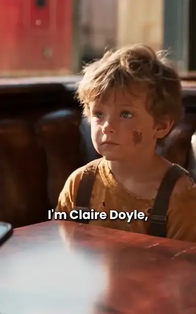 Claire with a white towel around her neck looks up