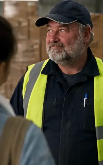 Grant in a canvas shirt frowns in the freight yard