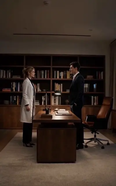 Lynn and Sean facing off by the office bookshelf