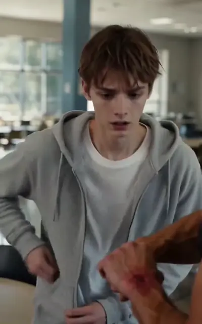Miles in the grey hoodie looks at the bruised arm