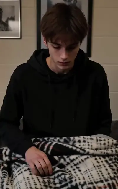 Miles sits under the patterned blanket on Jax's side