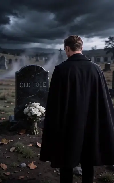 Black-cloaked figure standing before a gravestone under storm clouds