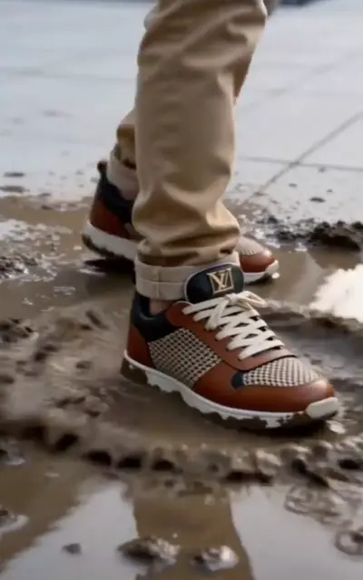 Shoes on wet pavement outside a building