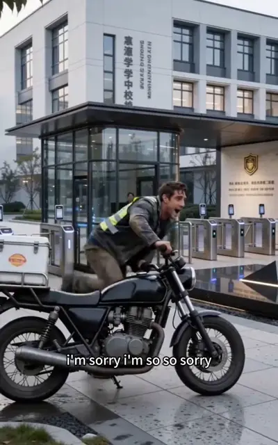 A man on a motorcycle outside a modern building