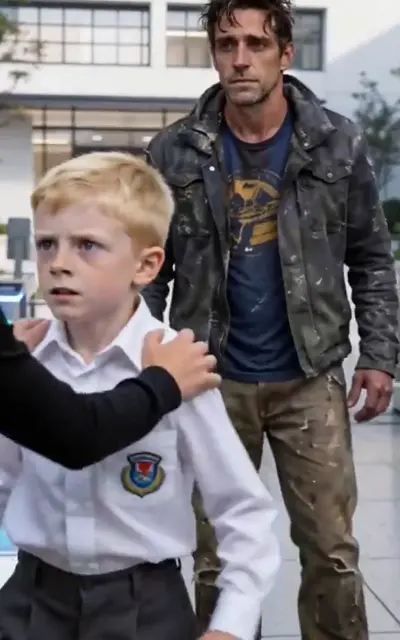 A tough man grips a schoolboy by the shoulder