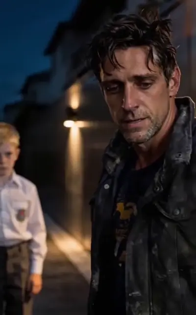 Mike walks an alley with the boy behind him