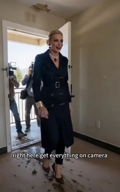 A blonde woman stands in a doorway as cameras arrive