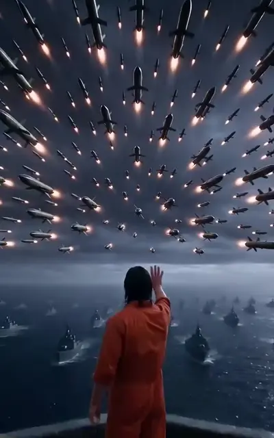 Thorne in an orange jumpsuit faces a sky full of incoming shells from a rooftop