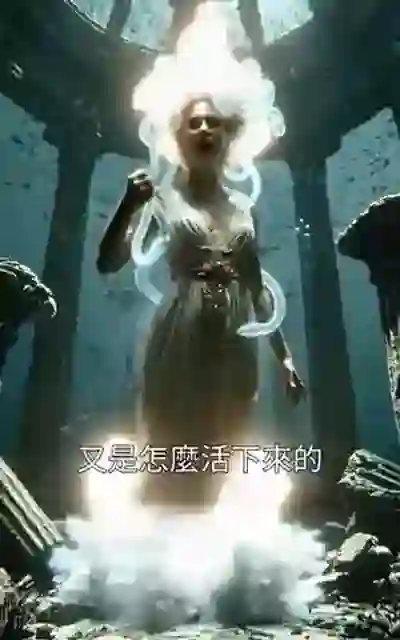The glowing crowned Medusa in the ruined chamber