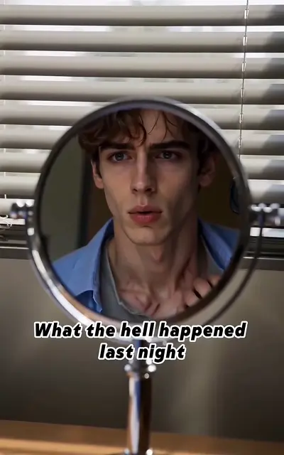 Carter studies his reflection in the round mirror after the video